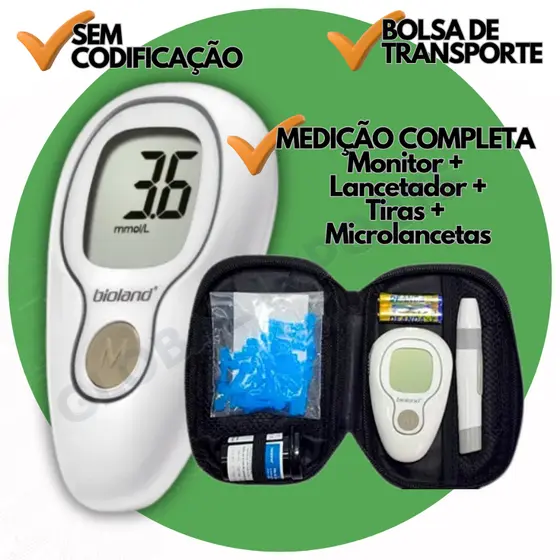 Medidor de Glicose Diabetes Fita Microlanceta Lancetador Aparelho de Medir Marca Bioland