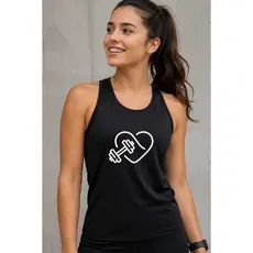 Camiseta Regata Feminina Fitness Dry Fit com Estampa Coração e Peso