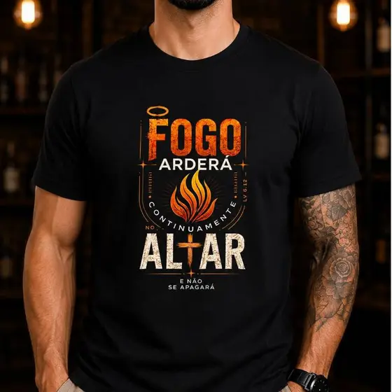 Camiseta Cristã Masculina Fogo Arderá Continuamente no Altar | 100% Algodão | Estampa Gospel | Unissex