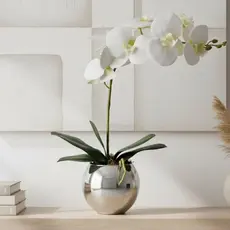 Arranjo Orquídea Flor Artificial Silicone 3D Vaso Prata Esp