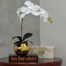 Arranjo Flor Permanente Decorativo Orquídea Vaso Vidro Dourado Realista