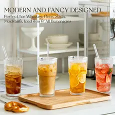 Copos De Vidro Canelados De 20 Onças Com Tampas E Canudos-Xícaras De Café Gelado Vintage , Reutilizáveis Para Smoothie C
