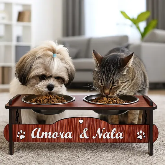 Comedouro PERSONALIZADO Pet Com TAMPAS Inclinável Cão e Gato Potes Inox Pet