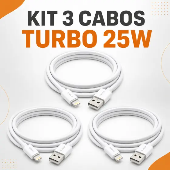 kit com 3 Cabos Para IPhone Turbo De Máxima Resistencia