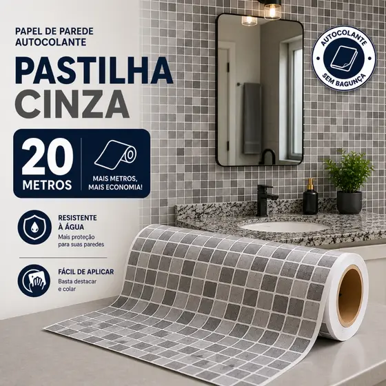 Papel de Parede Adesivo 5, 10, 15 ou 20M Pastilha Cinza e Branco Autoadesivo Impermeável  Lavável