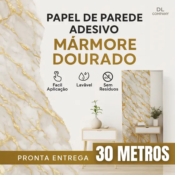 Papel Adesivo Parede 5m 10m 15m 20m 30m Dourado c/ Branco Sala Quarto Lávavel Resistente Cozinha