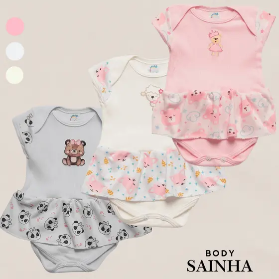 Body Para Bebê com Saia Canelado Tecido Suave Com Manga Curta Confortável com Aplique e Elegante