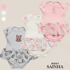 Body Para Bebê com Saia Canelado Tecido Suave Com Manga Curta Confortável com Aplique e Elegante