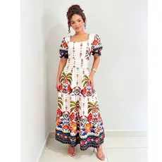 Vestido Feminina Longo Helena Com Manga Princesa com Punho – Branco Estampado