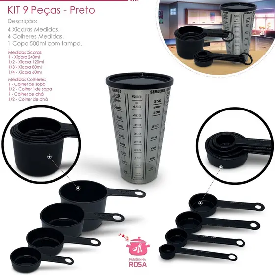 kit medidores 9 peças copo de 500 ml com tampa xicara e colheres preta casa cozinha