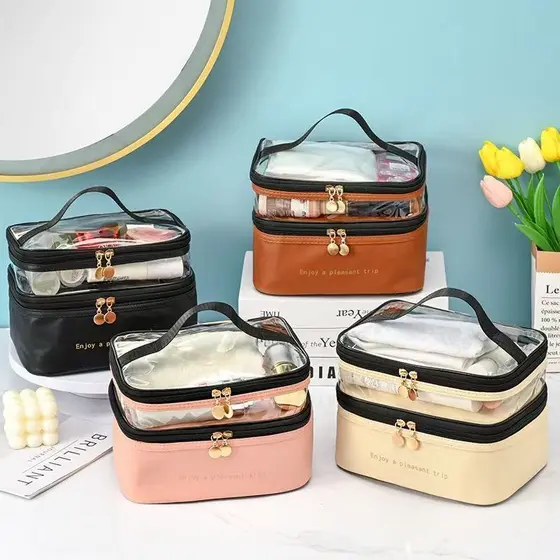 Necessaire Camada Divisória Dupla Organizador Cosmetico Transparente A Prova de Água Portátil Viagen Grande Capacidade