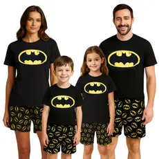Kit Combinado Pijama Família Batman Manga Curta Short Malha PV Adulto e Infantil Tal Mãe Tal Pai e Tal filho Oferta