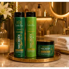 Kit Capilar Max Bioex 3 Produtos Shampoo Condicionador Máscara Bella Flor Hidratação Reparação Profissional