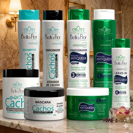 2 Kits Capilares Combo Cachos + Anti-Queda 8 Produtos Bella Flor Definição Anti-Frizz Tratamento Capilar