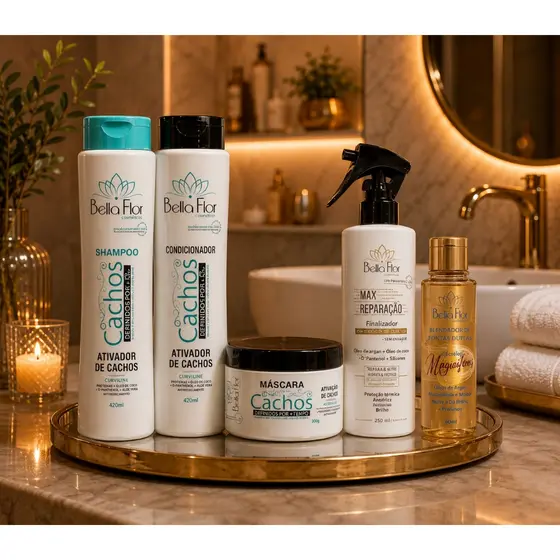 Kit Cachos + Max Reparação + Reparador de Pontas Duplas Bella Flor Definição Anti-Frizz Profissional