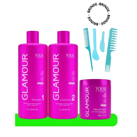 Kit Glamuor Shampoo 1L + Condicionador 1L + Mascara 500g