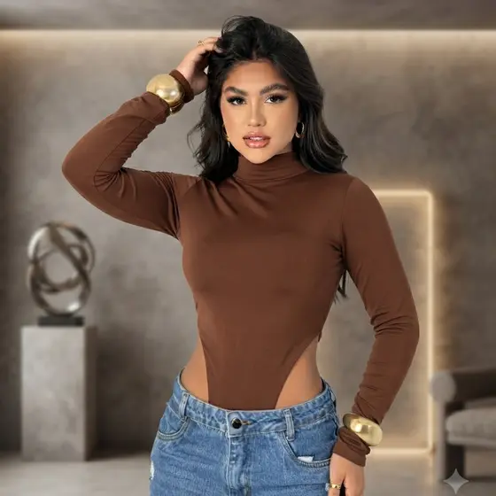 Body Feminino Gola Alta Cavado Suplex  – Tamanho Único | Preto, Branco, Vermelho e Marrom