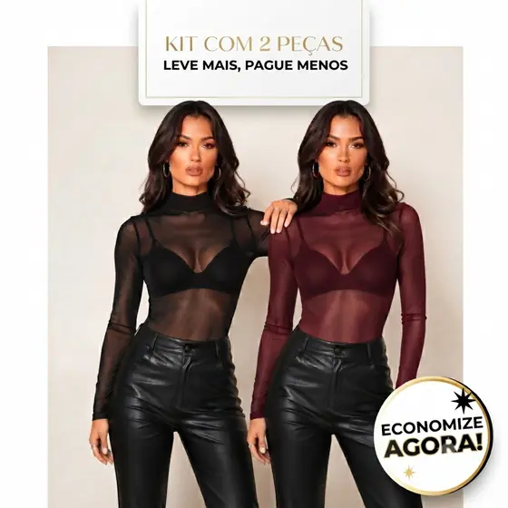 Kit 2 Body Tule Transparente Manga Longa Feminino Moda