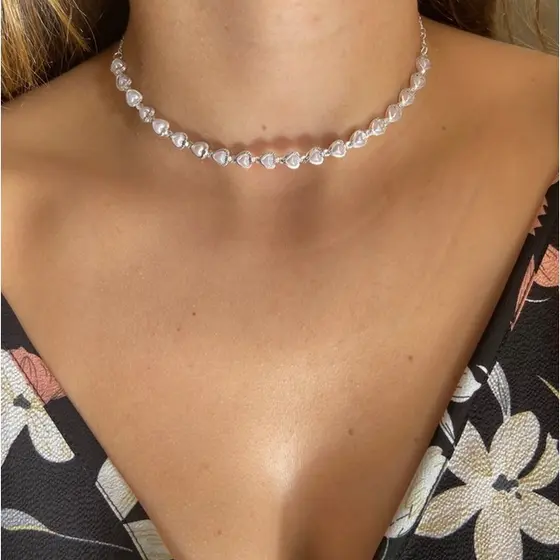 Colar Choker de coração feminina folheado banhada a prata 925