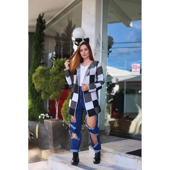 Casaco xadrez quadriculado manga longa feminino de tricô Moda Inverno
