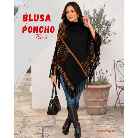 Poncho Feminino em Tricô Gola Alta Dobrada  Franjas Estampa Geométrica Tricot Casual Inverno