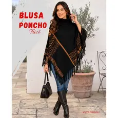 Poncho Feminino em Tricô Gola Alta Dobrada  Franjas Estampa Geométrica Tricot Casual Inverno
