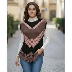Poncho Feminino Tricot Sem Mangas com Franja – Colete em Trico Estampa Geométrica