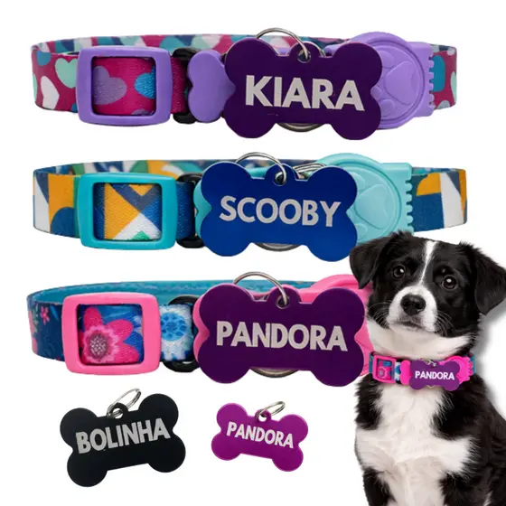 Coleira De Cachorro Personalizada Tag e plaquinha de identificação nome e telefone gravado
