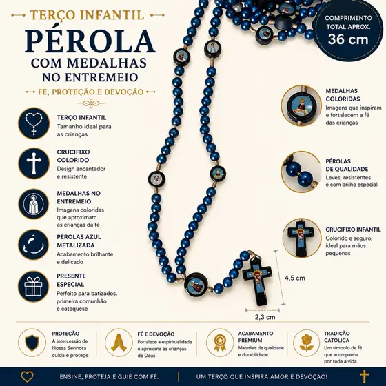 Terço Infantil Azul com 7 Medalhas – Ideal para Batizado
