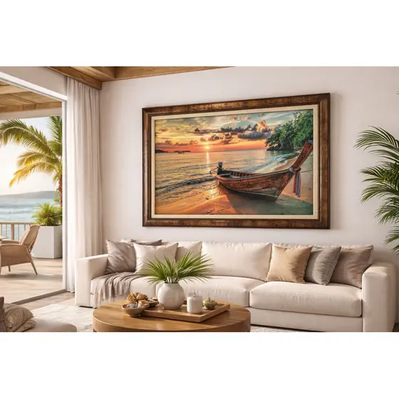 Quadro Decorativo Praia Pôr do Sol Barco 110x80 Grande Luxo Sala Quarto Alta Qualidade