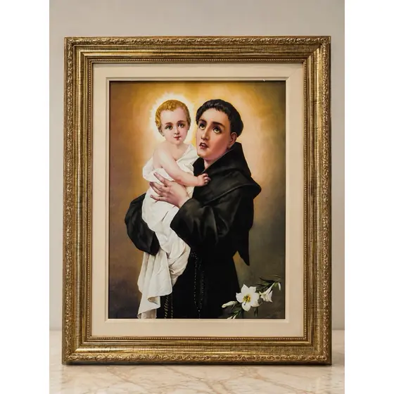 Quadro Santo Antônio com Menino Jesus 40x50cm | Moldura Luxo Dourada | Tela Resinada Resistente à Umidade
