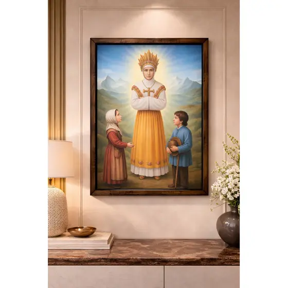 Quadro Nossa Senhora com Pastorinhos 38x48cm Moldura Madeira Premium – Arte Religiosa Luxo + Envio Imediato