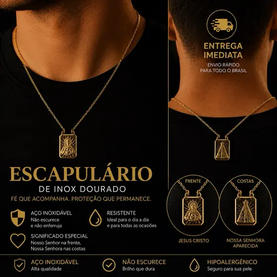 Escapulário Nossa Senhora Aparecida e Sagrado Coração de Jesus Inox Dourado | Hipoalergênico | Corrente Resistente