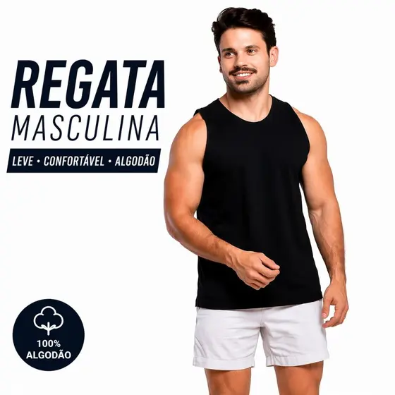 REGATA MASCULINA 100% ALGODAO ACADEMIA BASICA DIA A DIA CONFORTAVEL TREINO