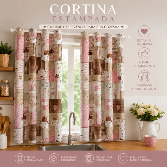 Cortina para Cozinha 2,00x1,30m Estampada com Ilhós Branco Decorativa