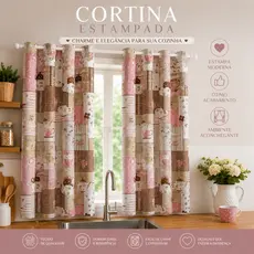 Cortina para Cozinha 2,00x1,30m Estampada com Ilhós Branco Decorativa