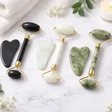Kit Massageador Facial Roller Pedra Jade + Pedra Gua Sha Skincare Rosto Previne Rugas