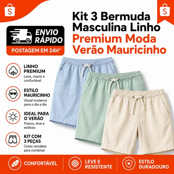 Kit 3 Shorts Masculino Bermuda Linho Verão Envio Imediato Confortável