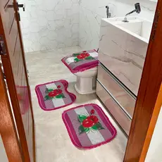 Tapete Banheiro Jogo 3 Peças Kit Flores Rosa Preto Algodão Quadrado Vaso Sanitário Estampados Liso