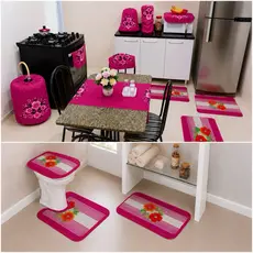 Kit 13 Peças Tapete Cozinha Banheiro Estampado Pano Copa Utensilios Passadeira Box Tecido Algodão
