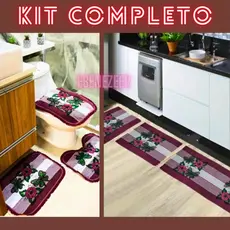 Kit Tapete Cozinha e Banheiro Estampado Passadeira 2 Jogos 3 Peças Atacado Frete Grátis Barato