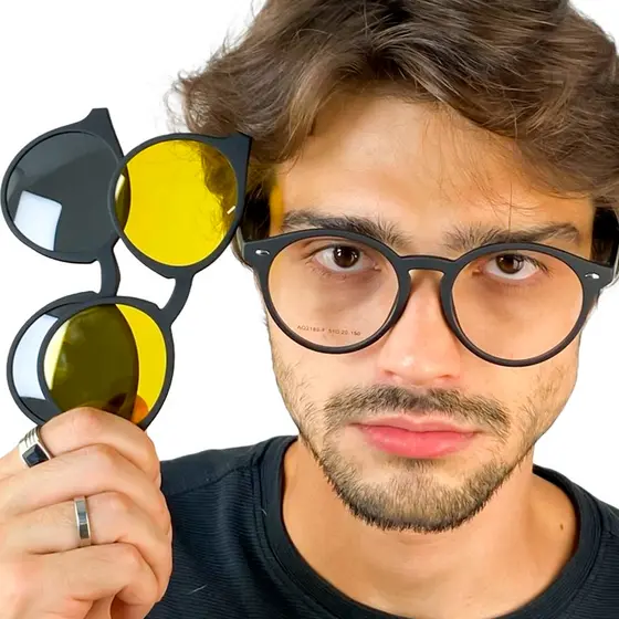 Armação De Óculos Masculino Redondo Flexivel Para Grau + 2 Clipon Polarizado/Night Drive Varias Cores Envio RAPIDO