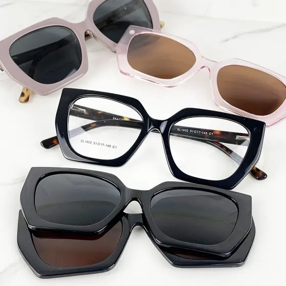 Armação De Óculos Feminino Para  Grau Envio Imediato Quadrado Varias Cores + Clipon 3 Em 1 Acetato