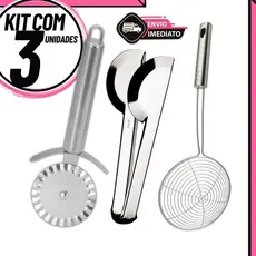 Pegador Inox + Escumadeira Fritura + Cortador de Pastel | Kit Utensílios Cozinha