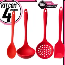 Kit 4 Utensílios de Silicone Antiaderente: Concha, Escumadeira, Colher e Espátula Pão Duro