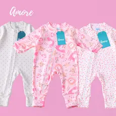 3 Macacões Bebê Amore Mais Vendidos Vira Pé com Zíper Menina Algodão
