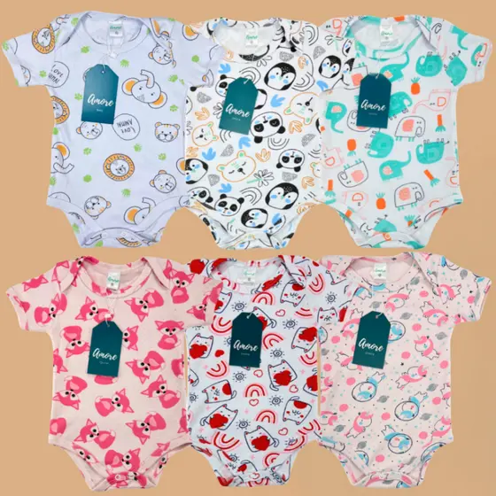 Roupa para Bebê Menina Menino 3 Body Amore Sortido 100% Algodão Recém Nascido a 1 ano