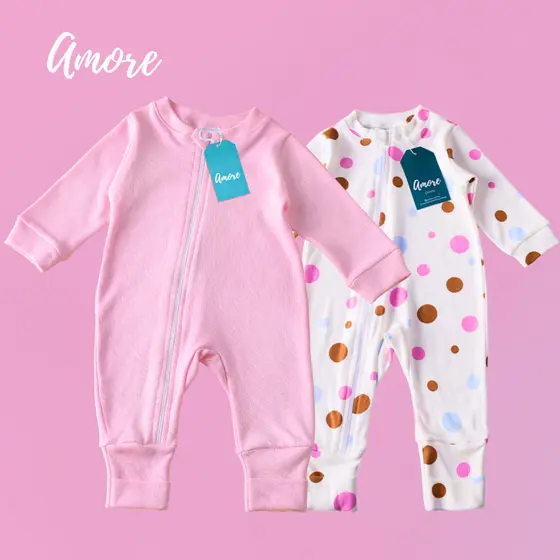 Roupa Para Bebê Kit 2 Macacão Amore Vira Pé Bolinha Rosa e Rosa 100% Algodão