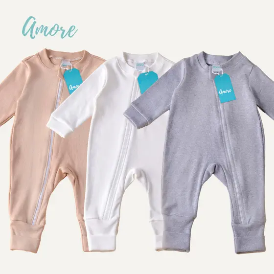 Kit 3 Macacão Bebê Amore Neutro Vira Pé com Zíper 100% Algodão