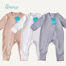 Kit 3 Macacão Bebê Amore Neutro Vira Pé com Zíper 100% Algodão